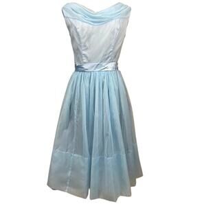 Vintage Baby Blue 50’s Cocktail Dress Womens‎ (S) Chiffon Bow Midi Prom Coquette